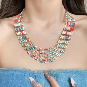 Close-up detail of a vintage colorful multi-layered necklace with rectangular segments