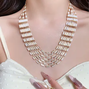 Close-up view of a vintage style rectangular multi-layer necklace on a model's neck