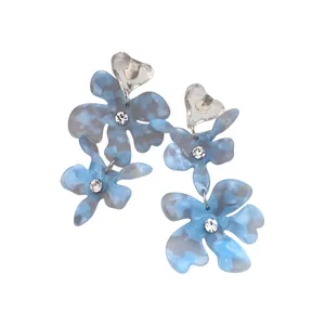 Light blue floral pendant earrings with rhinestone centers and clear heart studs