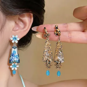 Vintage Alloy Flower Pendant Earrings With 925 Silver Post Blue Glass Rhinestone Exaggerated Niche Jewelry For Women Wedding