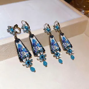 Vintage blue floral glass pendant earrings with rhinestones and crystal teardrop beads