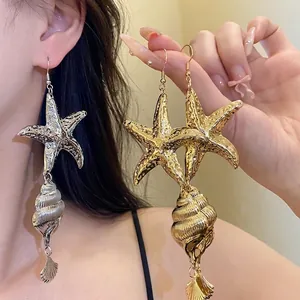 Large metallic starfish and seashell drop earrings in gold and silver finish