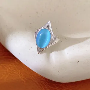 Elegant minimalist blue cat eye stone oval star-shaped adjustable open ring for women jewelry