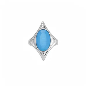 Minimalist silver open ring with oval blue cat-eye stone in a geometric star setting