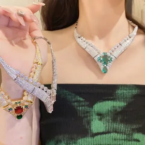 Luxurious 18k gold plated cubic zirconia square emerald necklace in vintage palace style