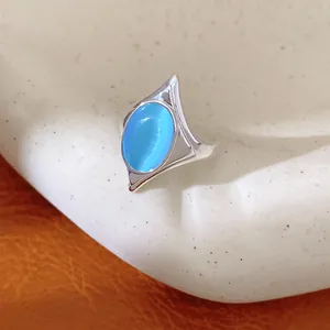 Macro detail of a silver open ring with an oval blue cat's eye stone in a starburst setting.