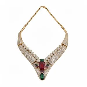 High-end luxury 18k gold plated necklace with red emerald-cut stone and pavé cubic zirconia