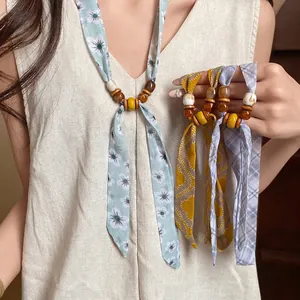 Vintage Bohemian Plaid Floral Beaded Fabric Scarf Necklace For Women Artificial Pearl Wood Resin Neck Ribbon Decoration