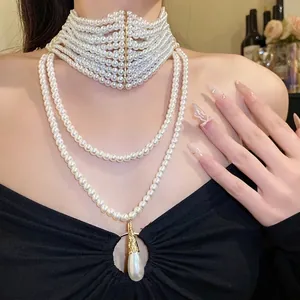 Collana di Perle Artificiali Multistrato Vintage Francese Con Pendente a Goccia d'Acqua Choker Stile Corte di Lusso per Donna