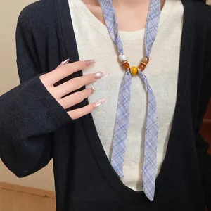 Elegant blue plaid fabric neck scarf necklace with colorful beads for spring fashion