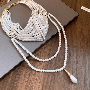 Elegante collana di perle multistrato francese con ciondolo a goccia vintage lusso