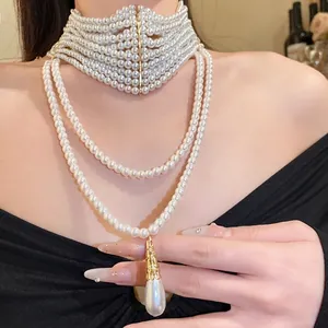 Collana di perle multistrato vintage con ciondolo a goccia d'acqua