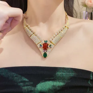 Exquisite 18k gold plated vintage court style V-shape necklace with multi-color zircon