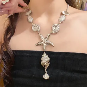 Detailed view of a shiny silver starfish and conch shell metal choker necklace