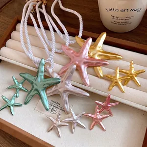 Vintage Alloy Enamel Starfish Pendant Necklace Earrings For Women Summer Vacation Resort Style Jewelry Set Starfish