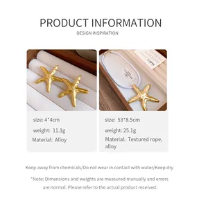 Detailed view of vintage gold starfish earrings and rope necklace with size and weight info