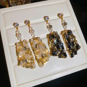 Pendientes Colgantes de Cristal Artificial Cuadrados de Lujo Francés para Mujer Vintage Chapados en Oro Strass Perla Artificial