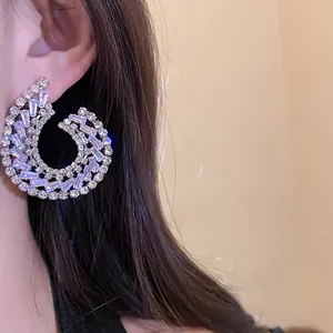 Détail rapproché de boucles d'oreilles spirales en argent avec zircons baguette brillants