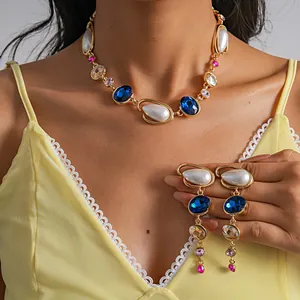Vintage Gold Plated Alloy Artificial Pearl Waterdrop Rhinestone Necklace Drop Earrings For Women Luxury Wedding Party Jewelry