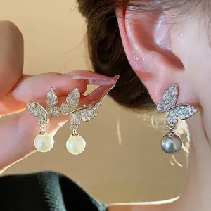 Luxury Copper Zirconia Butterfly Artificial Pearl Stud Earrings 925 Sterling Silver Earring Post 18k Gold Plated French Vintage Jewelry For Women