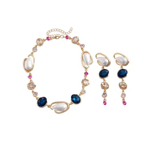 Luxury vintage pearl and blue rhinestone necklace and earrings jewelry set for women