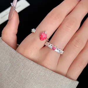 Korean Style Simple Elegant Strawberry Star Open Ring For Women Red Green Oil Drip Copper Rhinestone Fashion Jewelry Gift