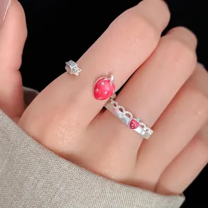 Adorable enamel lace star strawberry open ring set in Korean minimalist fashion style