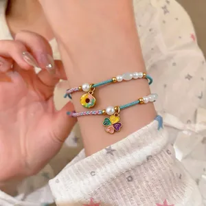 Handmade Woven Flower Bead Artificial Pearl Bracelet Colorful Alloy Enamel Donut Clover Pendant Adjustable Cord Hand Chain Women Jewelry