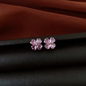 Pink flower stud earrings with zircon stones and 925 silver needles