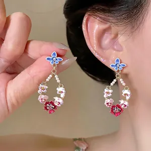French Vintage 14K Gold Plated Flower Pendant Stud Earrings With 925 Sterling Silver Earring Post Rhinestone Artificial Pearl For Women