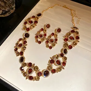 Vintage palace style jewelry set with amber crystals, necklace and earrings for women