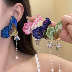 New Chinese Style Butterfly Embroidery Rhinestone Tassel Artificial Pearl Stud Earrings For Women 925 Sterling Silver Earring Post