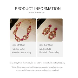 Detailed specifications for pink rhinestone necklace and earrings set with gold alloy finish.