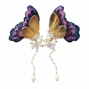 Elegant New Chinese style embroidered butterfly earrings with pearl tassels and zircons