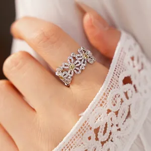 Hollow Flower Zirconia Open Ring For Women Copper Silver Plated Adjustable Niche Elegant Finger Jewelry Elegant Gift
