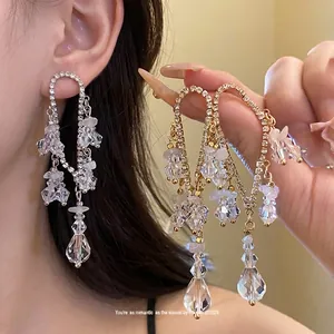 Lussuosi Orecchini a Pendente con Nappina in Argento Sterling 925 per Donna Rame Intarsiato con Strass Vetro Cristallo Orecchini Lunghi Gioielli