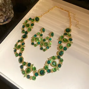 Vintage luxury green crystal necklace and earring set in gold-plated finish for women