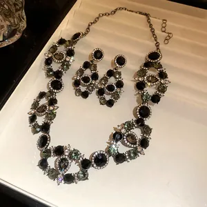 Close-up of a vintage palace style rhinestone necklace and earring jewelry set display