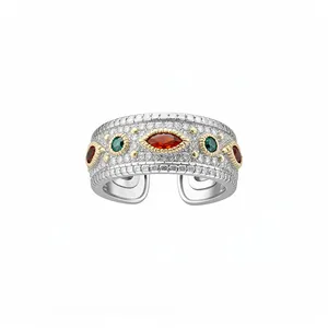 Anello aperto stile vintage con zirconi colorati e pavé in argento di lusso retro