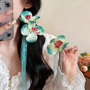Handmade Fabric Flower Glass Bead Tassel Hair Clip Elegant Duckbill Clip Green Floral Vacation Style Hair Accessories For Women
