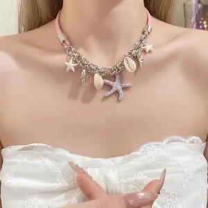 Ocean Theme Starfish Seashell Pendant Necklace Enamel Alloy Chain Pink Leather Cord Choker For Women Summer Jewelry