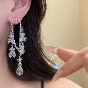 Primo piano di squisiti orecchini con nappe in argento e pendenti in cristallo luccicante