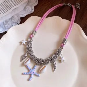 Handmade pink leather cord necklace with silver chain seashell and starfish charms