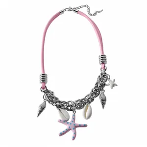 Stylish pink leather cord necklace with starfish and seashell charms on white background.