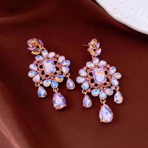 Luxury iridescent flower earrings with square and teardrop crystals, silver needle design