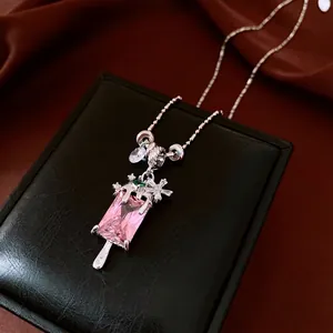Collier Pendentif Esquimau Floral Carré en Cuivre et Zirconia pour Femme Élégant Bijoux Pierre Rose Couleur Argent Cadeau