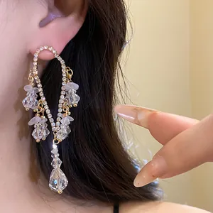 Vista dettagliata di eleganti orecchini pendenti con nappine di strass indossati da una modella.