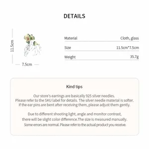 Fabric floral tassel earring details showing size, material, and 925 silver needles