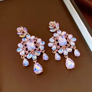 Exquisite silver needle crystal flower drop earrings featuring aurora borealis stones