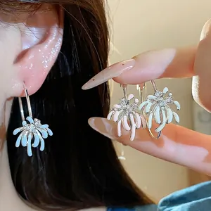 Elegant zircon floral enamel hoop earrings in light blue and pink